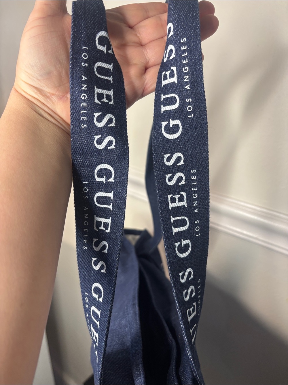 Guess Navy Denim Oversized Tote with White Logo Strap (NEW) - Picture 4 of 10